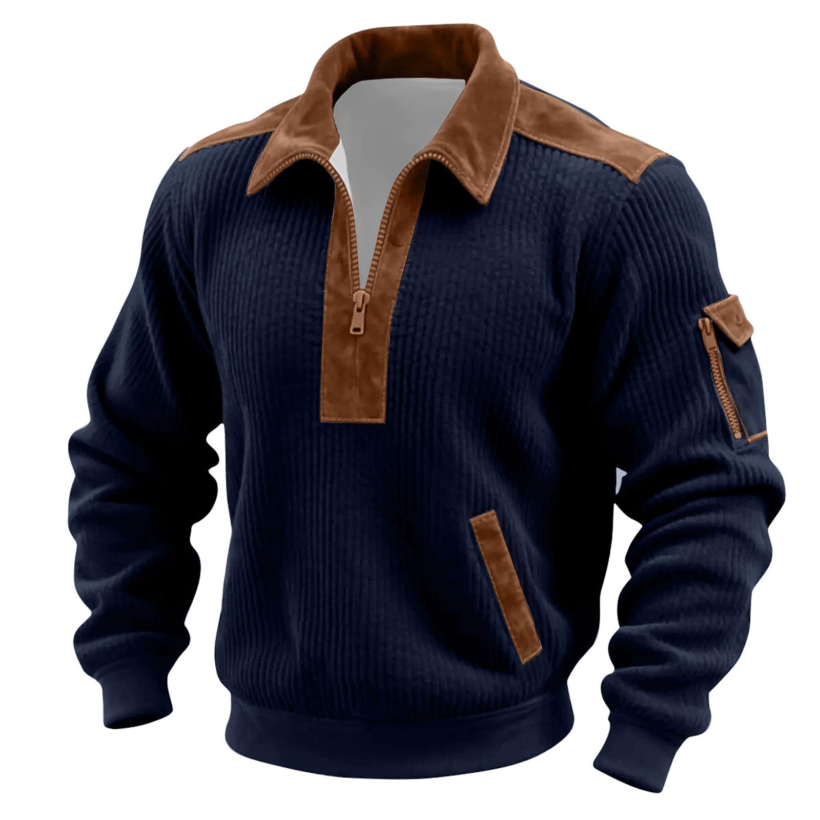 

Мужской однотонный вельветовый топ с длинным рукавом и застежкой-молнией на горловине, мужской повседневный топ с лацканами M тёмно-синий