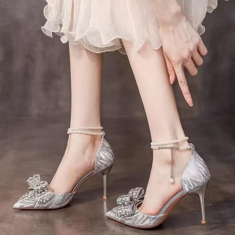 Bow Crystal Shoes Women's Pointed Toe Shallow Mouth Pearl One Strap Non-Tired Feet Beaded Non-Slip Single Shoes