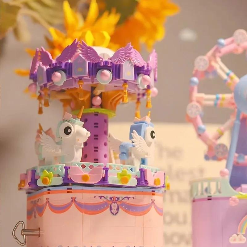 Carousel Ferris Wheel Construction Blocks Creative Music Box Model Small Blocks Toys Juguetes Para Ninos Girls Kids Birthday Present