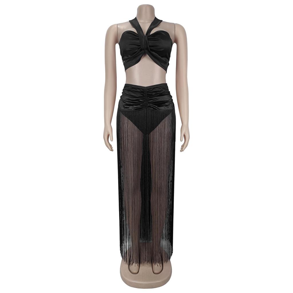 European & American Fashion Women's Sexy Strappy Top and Tassel Long Skirt Two-Piece Set