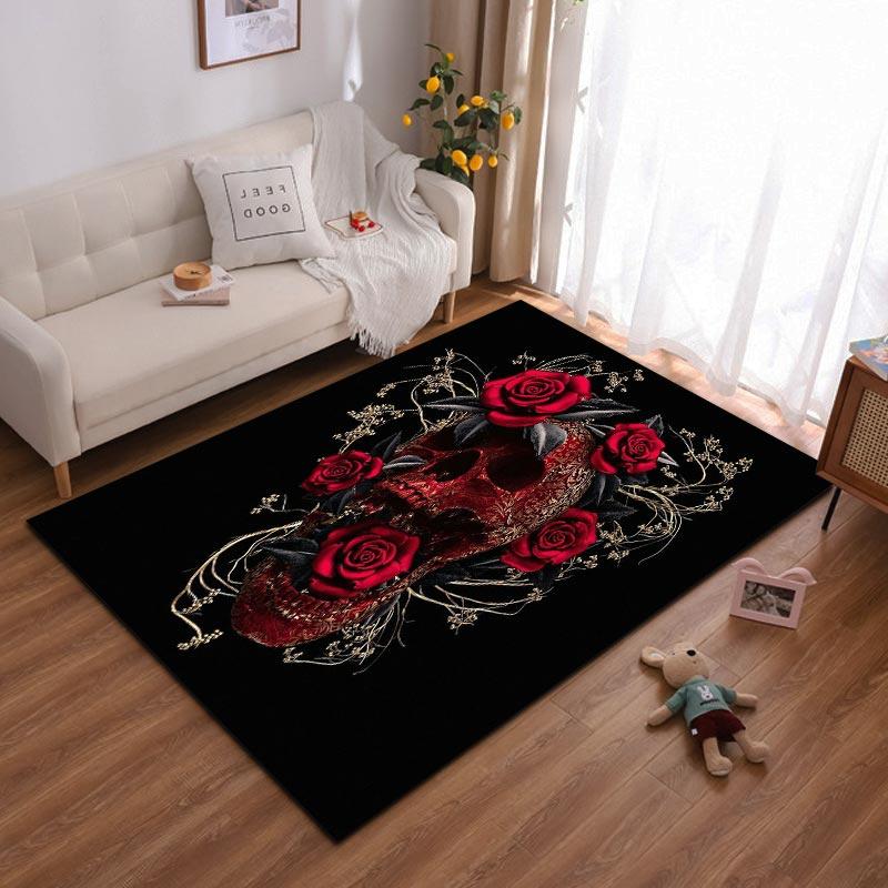 

Black Carpet with Red Skull and Roses, Gothic Floral Style Decor Suitable for use as an anti-slip for living room bedroom sofas 40x60cm( 15x23in )