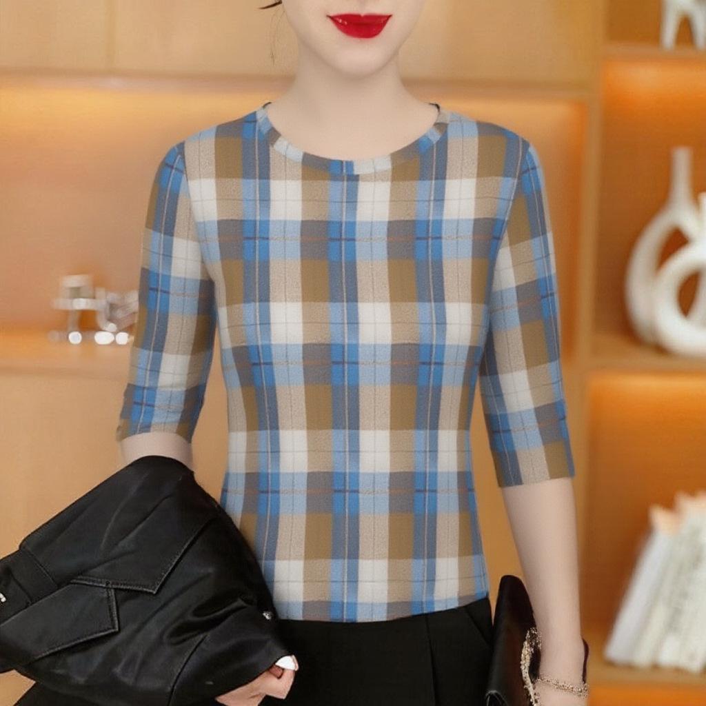 

Retro Plaid Long-Sleeve Women s Top - Elegant, Slimming, Age-Reducing, Round Neck, Casual Style for Middle-Aged Moms (2026 Collection) L
