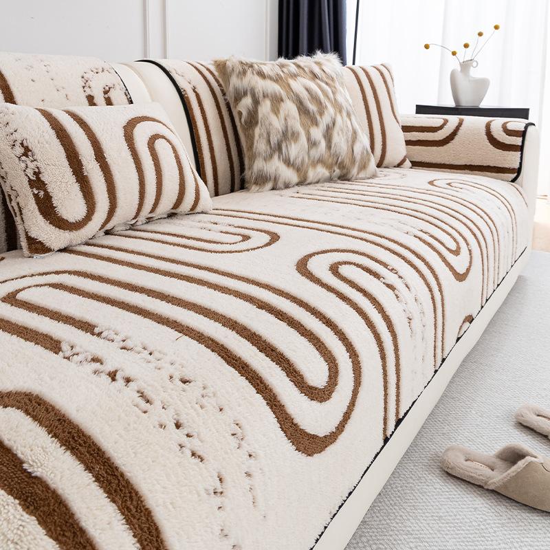 European Striped Jacquard Plush Sofa Cushion Simple Fashion Non-Slip Sofa Cover for Living Room Keep Warm Dustproof Couch Covers
