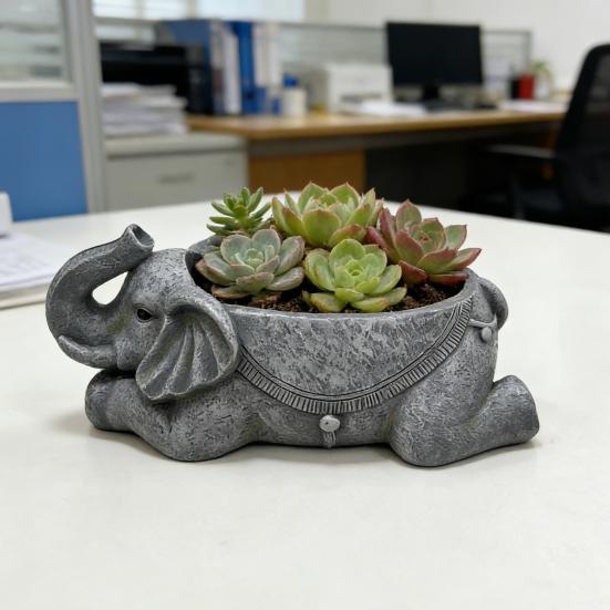Elephant Planter Resin Elephant Animal Flower Pot Decorative Plant Holder with Drainage Hole for Indoor Outdoor Garden Patio Desk Home Decor