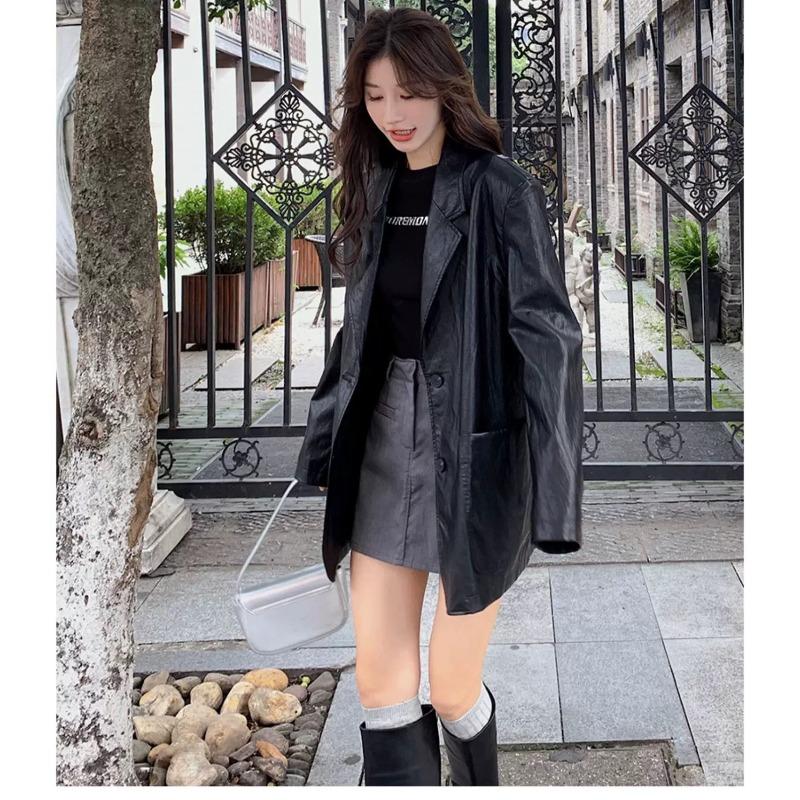 Women Black Vintage PU Leather Blazer Spring Autumn Retro Stylish Elegant Oversized Jacket