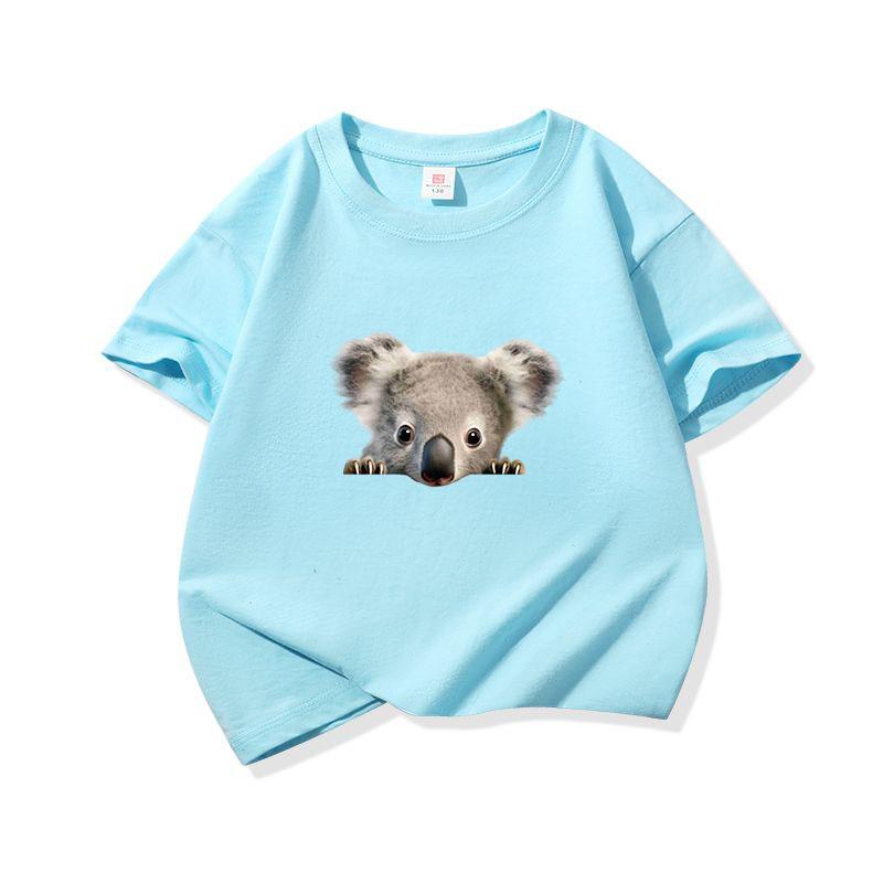 Bawełniany T-shirt dla dzieci Uroczy nadruk z wyłaniającym się koalą Okrągły dekolt Krótki rękaw Koszulka Casual Oddychająca Chłopcy Dziewczynki Letnie Topy