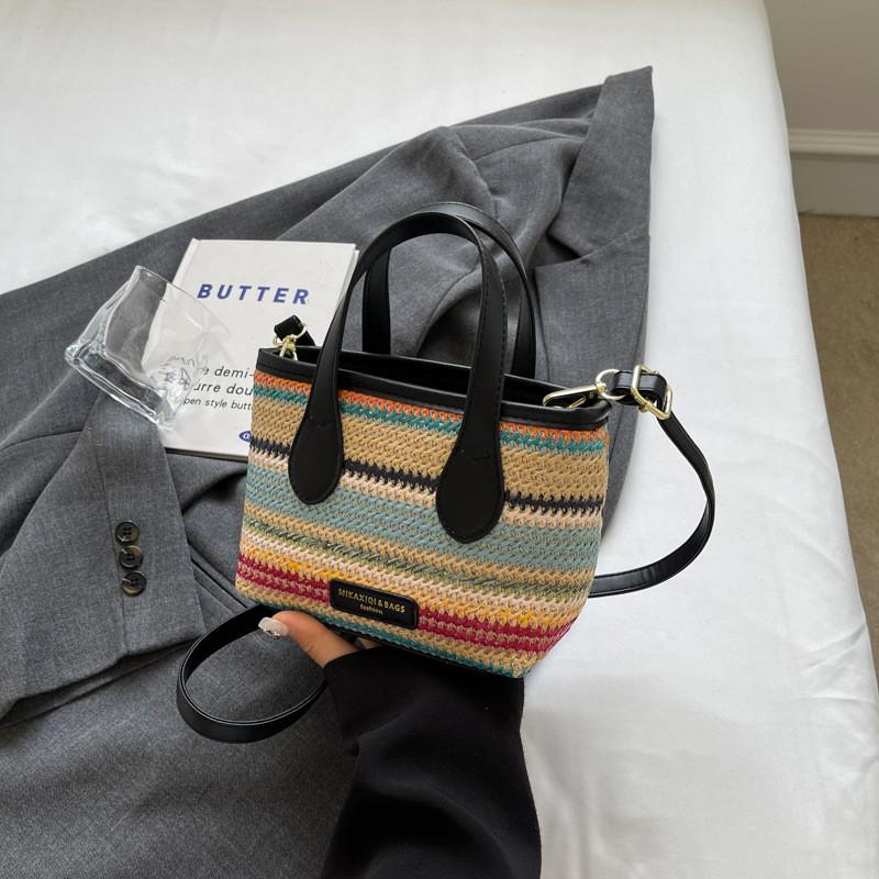 Ielgy Seaside Vacation Beach Bag Summer Trendy Messenger Bag Commuter Woven Straw Portable Bucket Bag