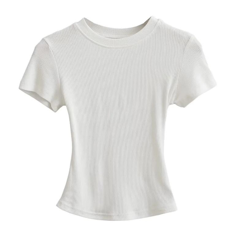 Summer New Female American Spice Girl Solid Color Crew Neck Short Sleeve T-Shirt Basic Threaded Bottom Top