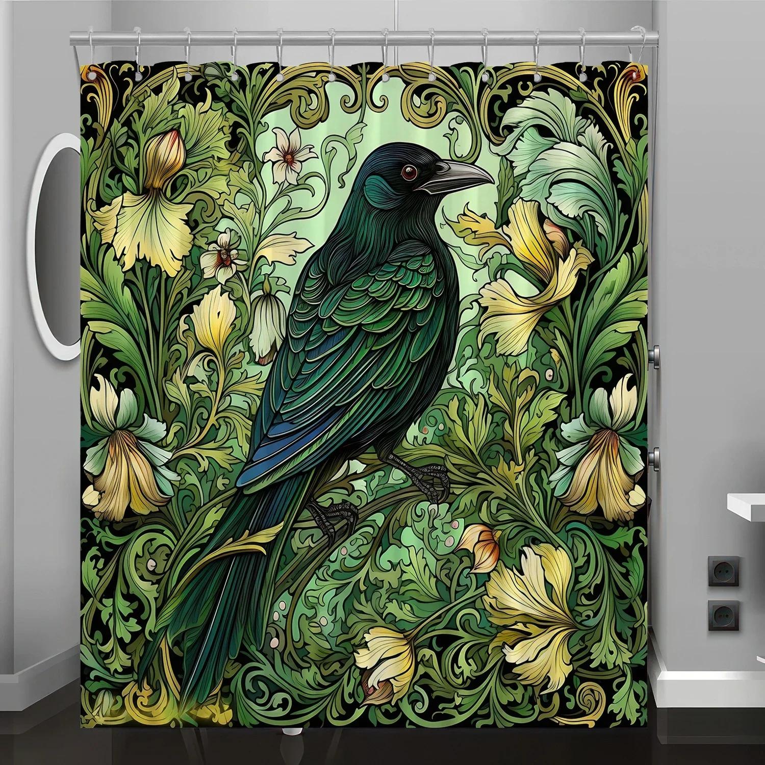 

Culture Art Bird Floral Pattern Digital Printing Shower Curtain, Bathroom Renovation Home Decoration, Free Hook 90X180cm