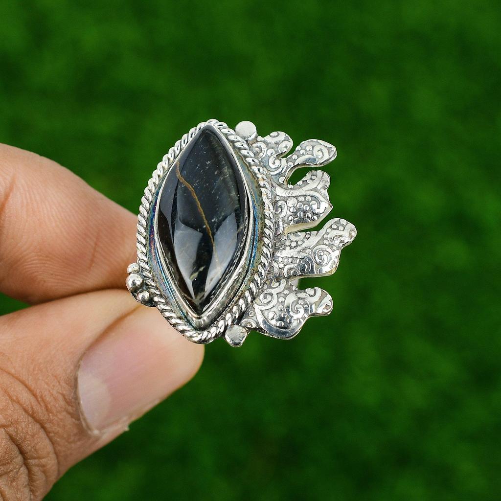 Natural Pietersite Gemstone 925 Silver Statement Adjustable Ring For Girls