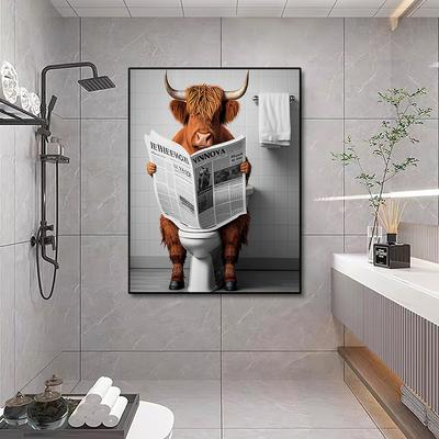 Vache Écossaise Drôle Sur Toilettes Affiche Artistique Impressions Style Ferme Rustique Peinture sur Toile Image pour Salle de Bain Pièce Décoration Maison