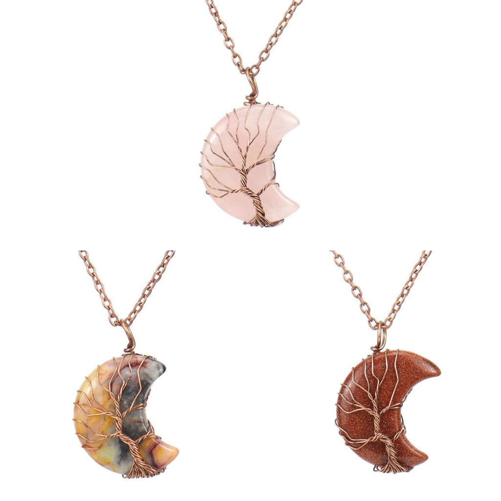 Moon Shape Design Natural Crystal Pendant Necklace With Tree Of Life Design For Women