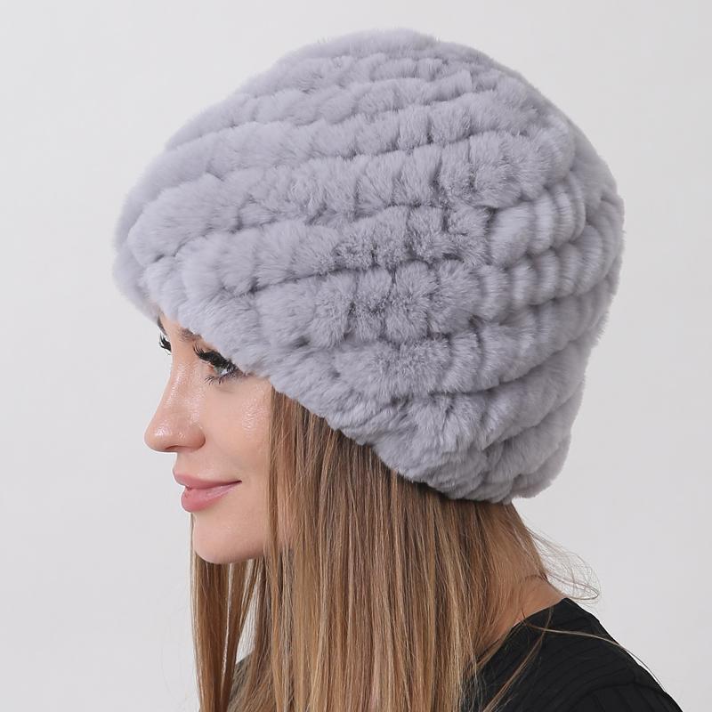 New Warm Real Fur Hat Winter Women Rex Rabbit Fur Thick Double Layer Lining Outdoor Women Beanie Cap Pineapple Round Hats