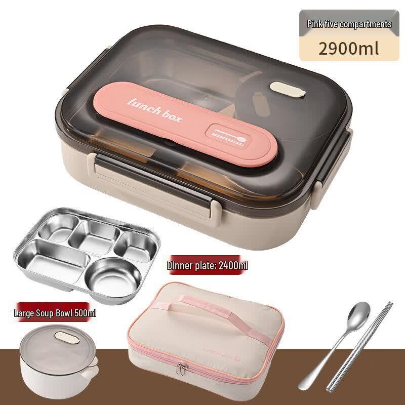 Qivei Insulated 304 Stainless Steel 5-Compartment Lunch Box with Soup Bowl
