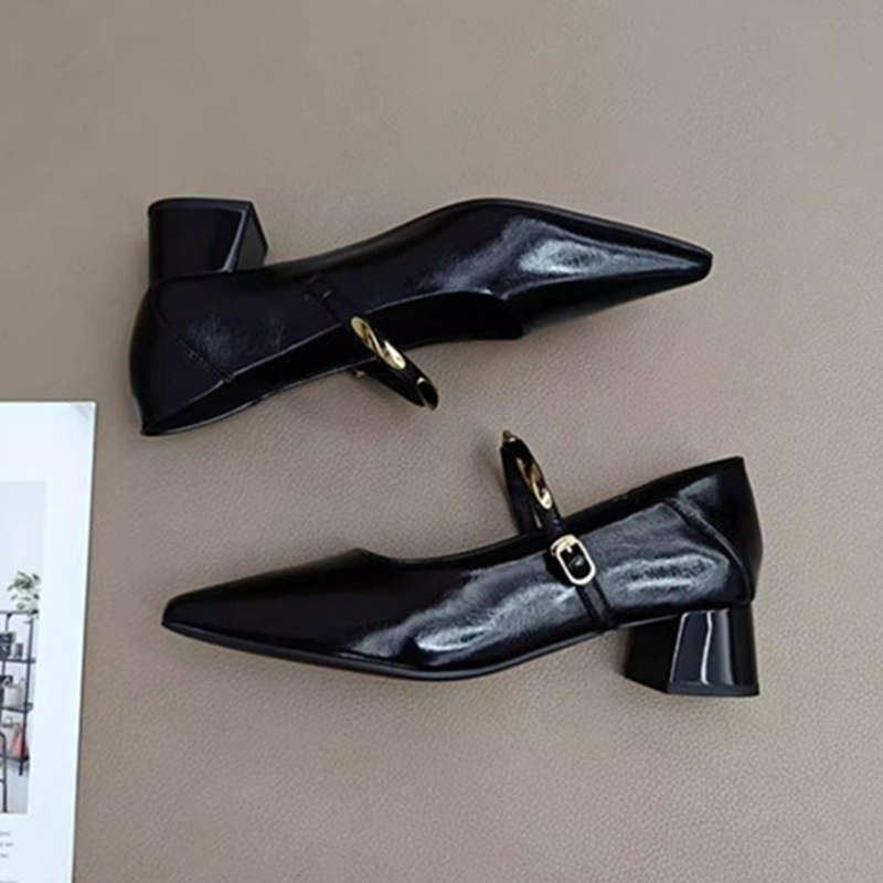 French brown pointed thick heel single shoes women's spring and autumn new retro metal one-word with light mouth Mary Jane shoes