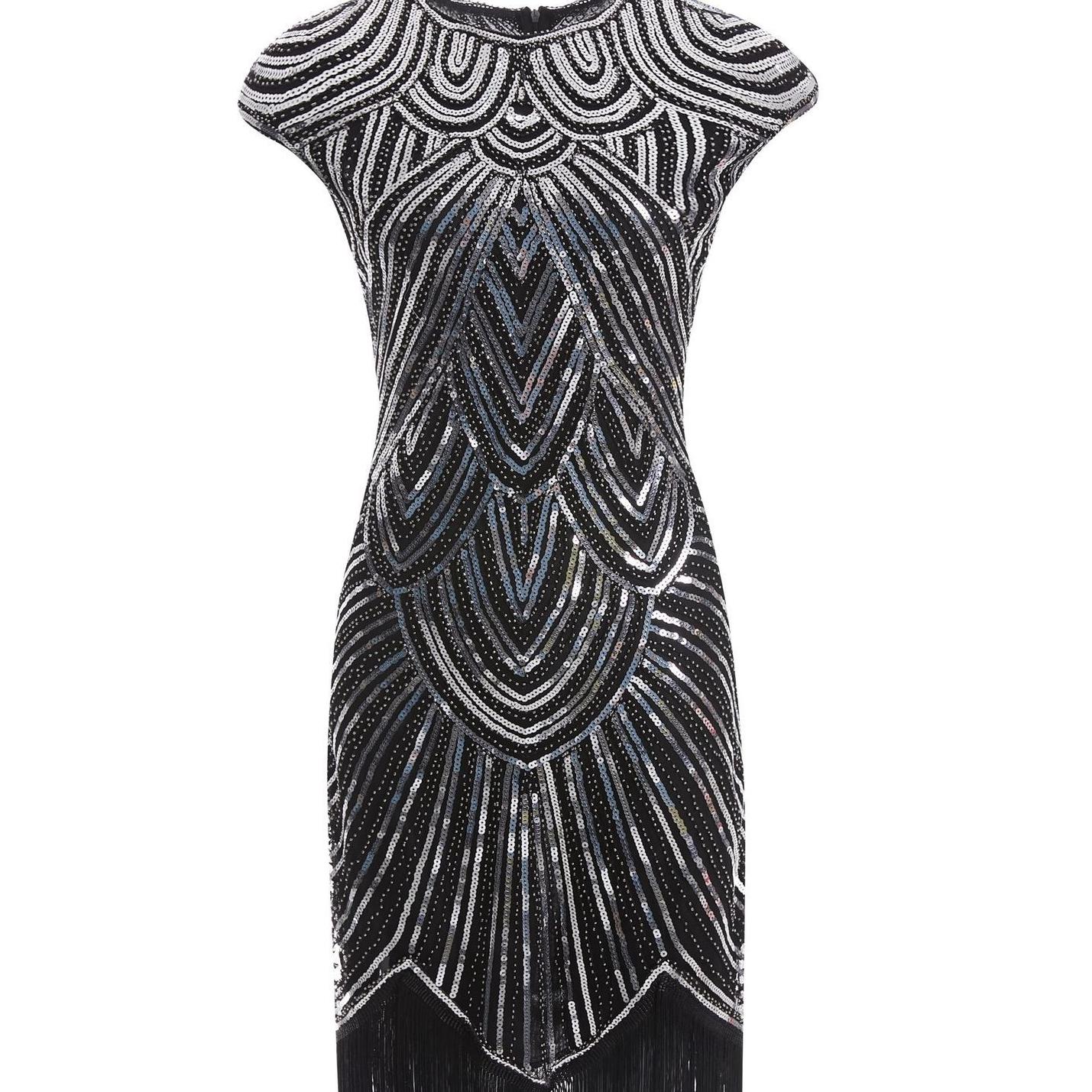 

Популярное тканое платье с пайетками и кисточками, винтажное европейское и американское платье из фильмов 1920 года, платье M серебряный