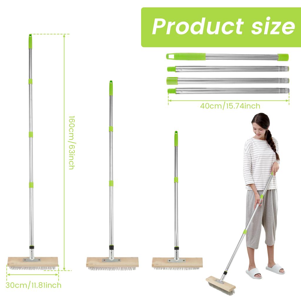 Stiff Bristle Deck Wire Brush Stainless Steel Floor Scrubber Brush with 60 Inch Long Handle 45° Tilt Floor Clean Brush for Home
