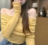 Women's Slim Fit One-Shoulder White Long-Sleeve Sweater, Elegant Pleated Spring Top