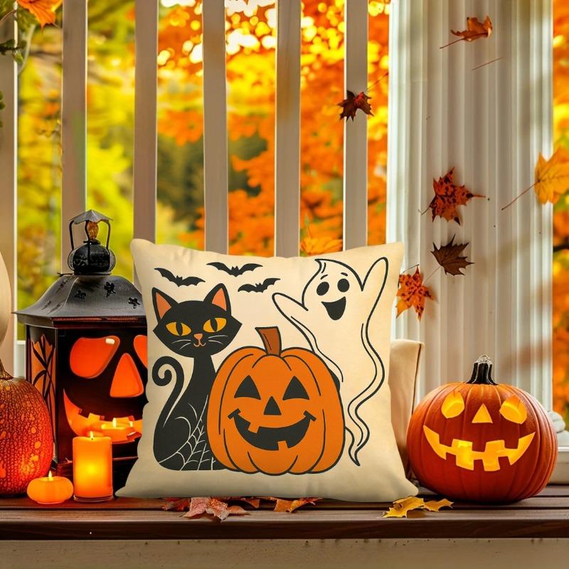 4pcs Halloween Pillow Covers with Printed Patterns of Cats, Bats & Ghosts, Soft Comfortable Square Throw Cover for Living Room Sofa Bedroom Car Office