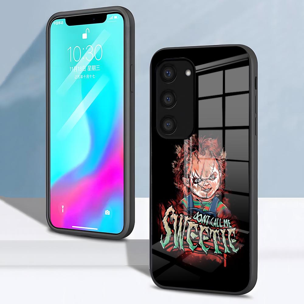 Chucky Doll Horror Movie Phone Case For Samsung S26 S25 S24 FE S23 S22 S21 Plus S20 Ultra Note20Ultra Black Glass Cover