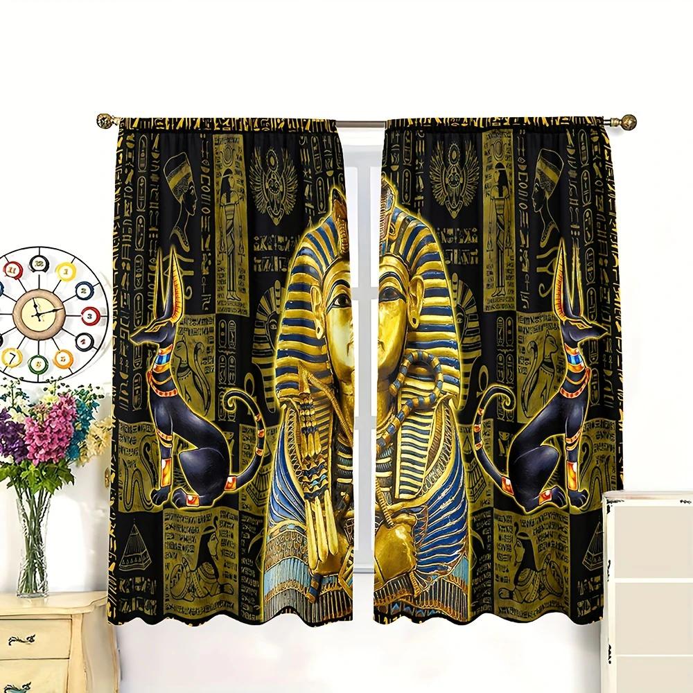 2 pieces of golden Egyptian Pharaoh ancient pattern printed curtains   pole bag curtains   home decoration   room decoration