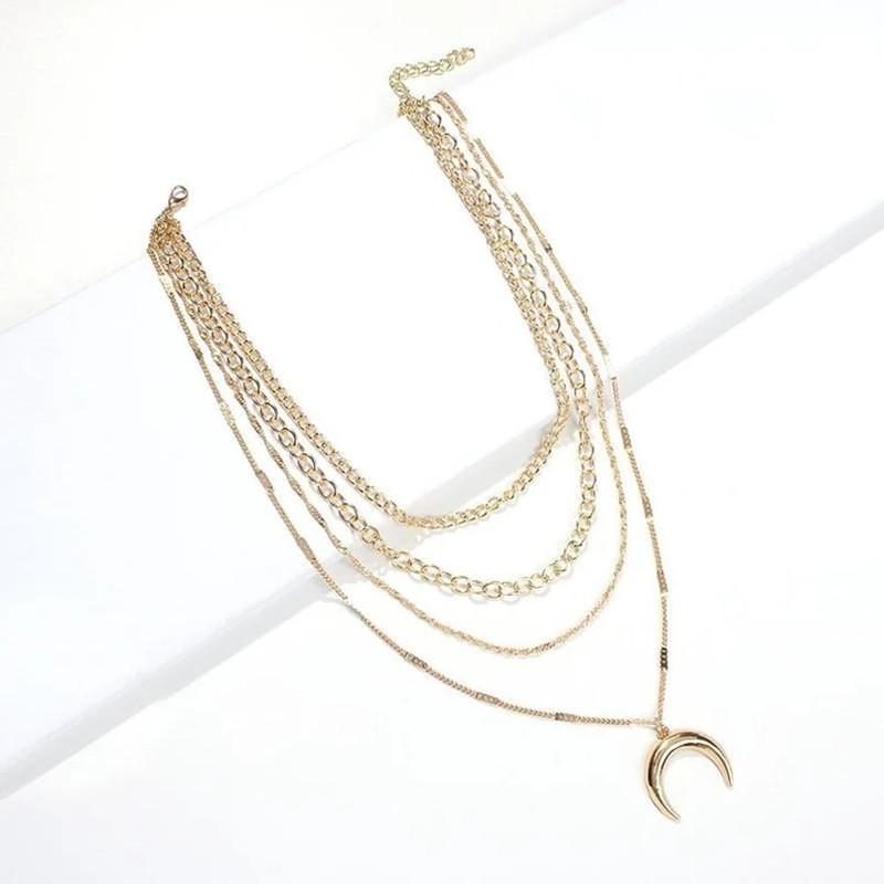 New Bohemian style stacked half moon pendant necklace, multi-layer alloy chain
