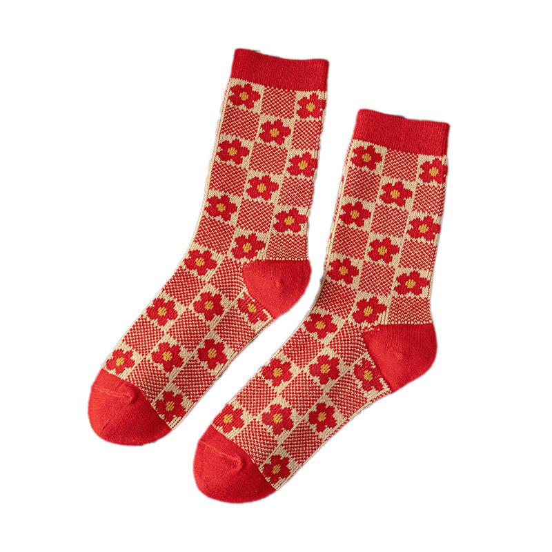 Mid-calf Socks, Red Socks, Wedding, Autumn and Winter Vintage Cotton Pile Socks, Breathable