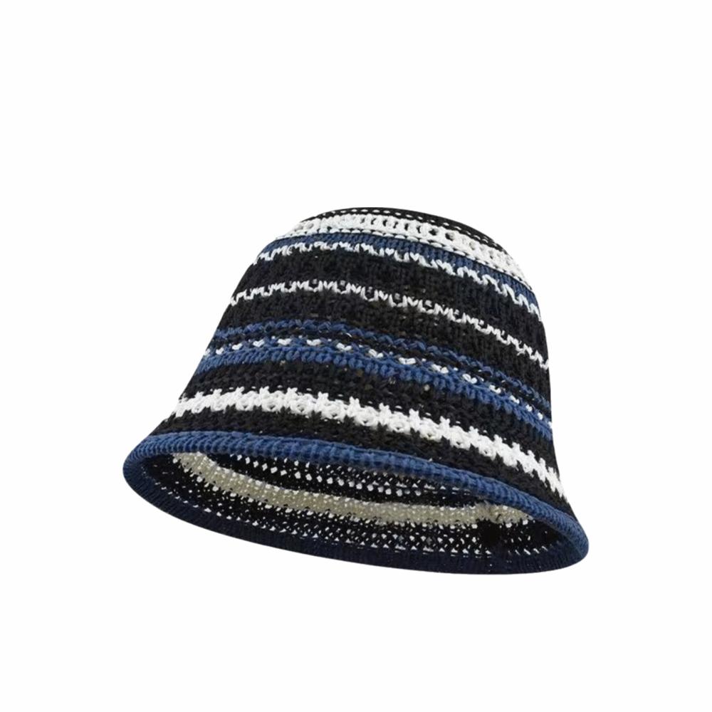 Fashion Striped Knitted Hollow Fisherman Hat Big Eaves UV Protection Straw Bucket Cap Multicolor Breathable Basin Hat Outdoor