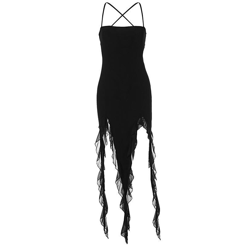Women European Style Backless Mesh Splicing Ruffled Irregular High Waist Strap Long Dress