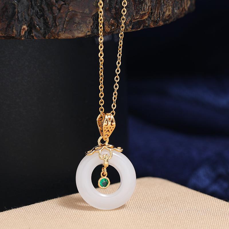 Chinese style imitation Hetian jade safety buckle necklace women's retro temperament titanium steel clavicle chain gold inlaid jade pendant with