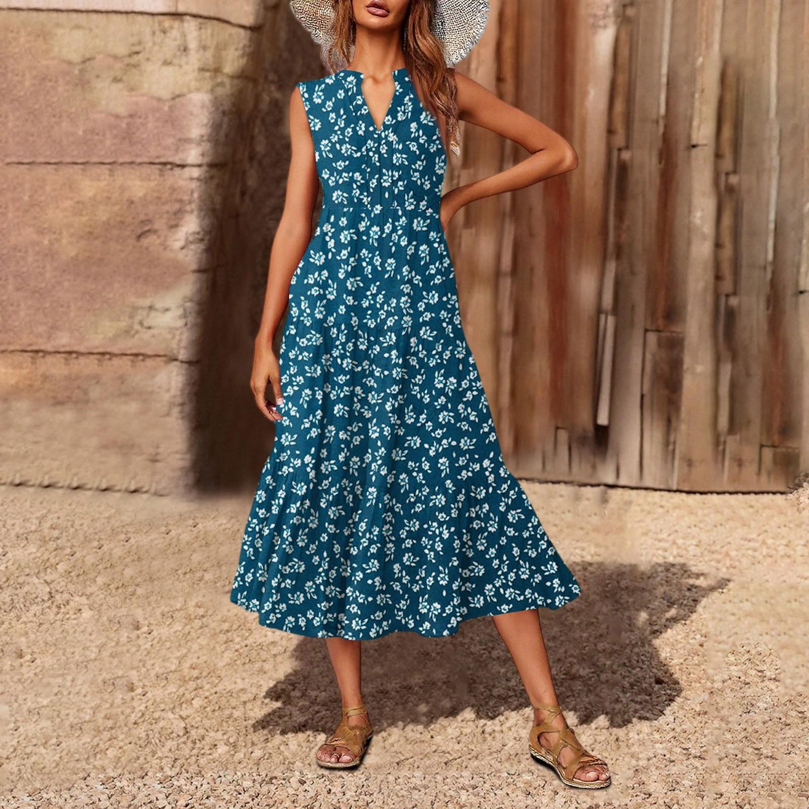 

Женское повседневное и модное платье средней длины с V-образным вырезом без рукавов и принтом S