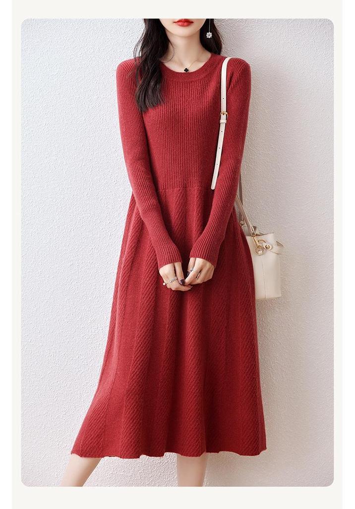 Women's Autumn Loose Merino Wool Crew Neck Sweater Dress Over-the-Knee