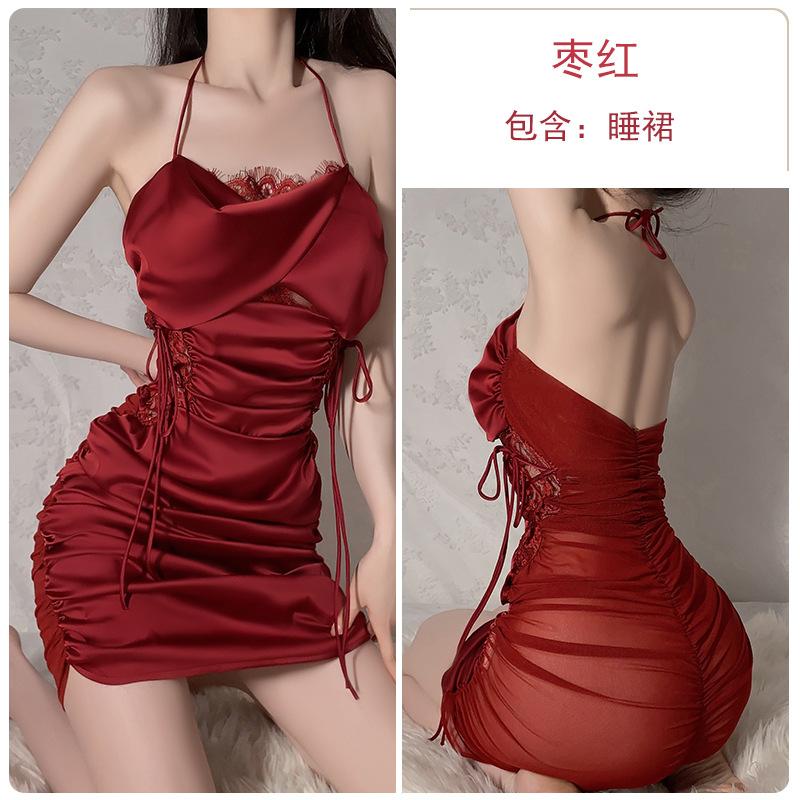 Sex underwear sexy lace splicing satin mesh see-through pleated hip-wrapped women's suspender nightdress