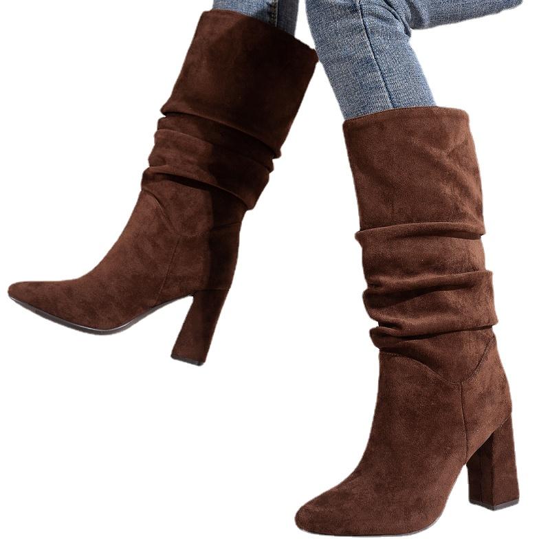 

Осенние женские туфли на толстом каблуке, новые модные сапоги на высоком каблуке из мятого флока для женщин, винтажные женские сапоги до колена 41