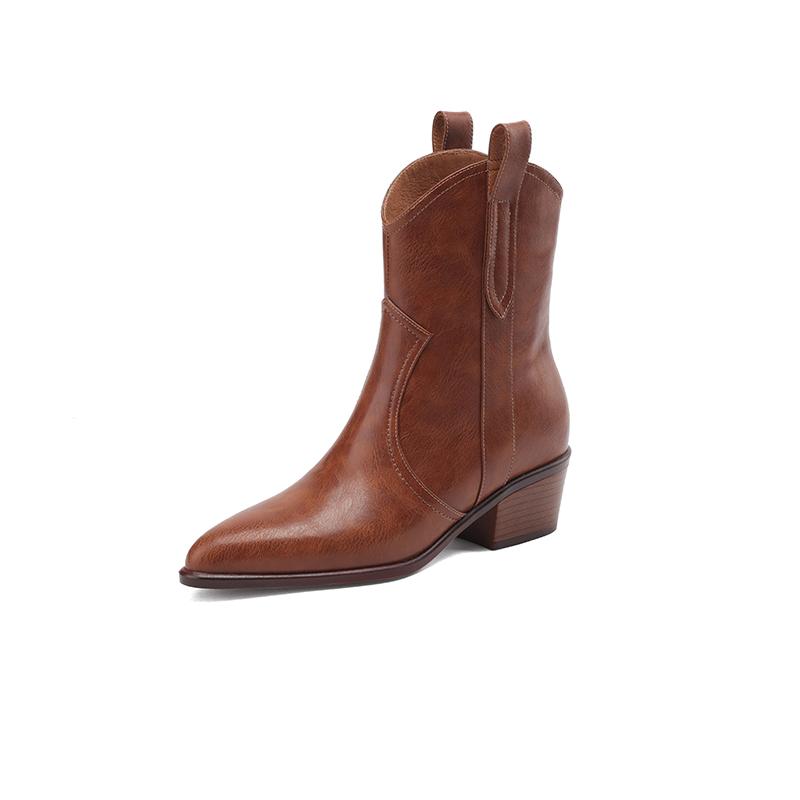 Vintage Women Genuine Leather Ankle Boots Thick Heels Pointed Toe Shoes Woman Retro Chelsea Short Boots Office Lady 2024 New