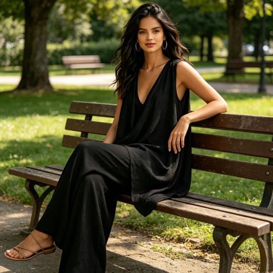 2 Piece Sets for Women, Irregular Hem Casual Sleeveless V Neck Top And Wide Leg Pants Summer Lounge Matching Outfits