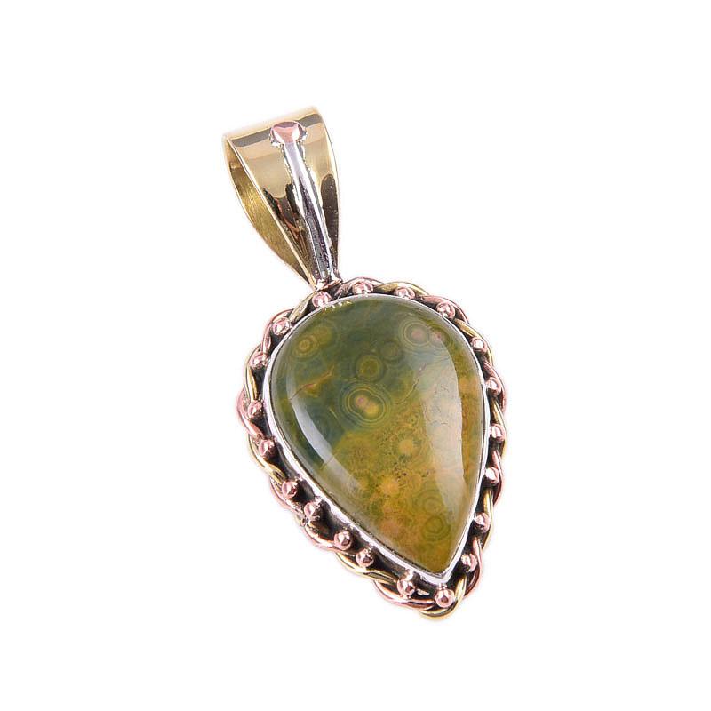 Jaspe Océan Naturel Argent Sterling Massif 925 Bicolore Pendentif Cadeau 1.25" T5h19