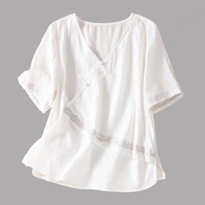 

Летняя новая хлопковая жаккардовая вышитая блузка с манжетами, подолом, V-образным вырезом, дисковыми пуговицами, коротким рукавом для женщин XS белый