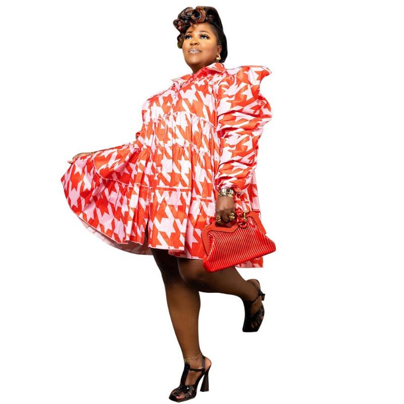 Plus Size Women Fashion Printed Button Shirt Dress