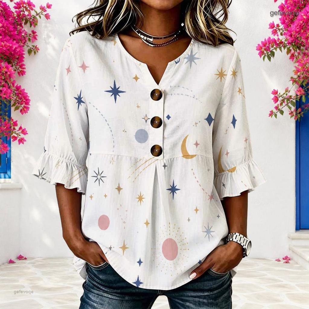Womens Plus Size V Round Neck Mid Sleeve Front Button Trendy Casual Loose Everyday Ladies Blouse