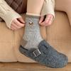Coffee-brown Wool Mid-calf Socks for Women's Autumn and Winter, Featuring Cartoon Bear Embroidery and Retro Warm Long Calf Socks