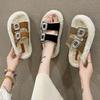 Internet celebrities popular rhinestone square buckle lamb fur fur integrated flat bottom cotton drag open toe casual warm fluffy slippers women