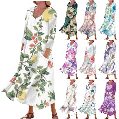 Women's Casual Comfortable Floral Print Three Quarter Sleeves Cotton Pocket Dress