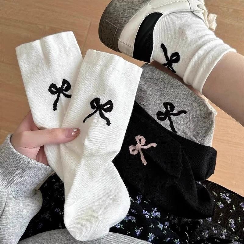 3 Pairs New Mid-calf Socks with Cute Bow At The Heel Women's Slouch Socks Spring/Summer