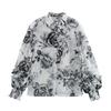 2025 Spring Women's European & American Style Ruffle Trim Printed Chiffon Long Sleeve Shirt