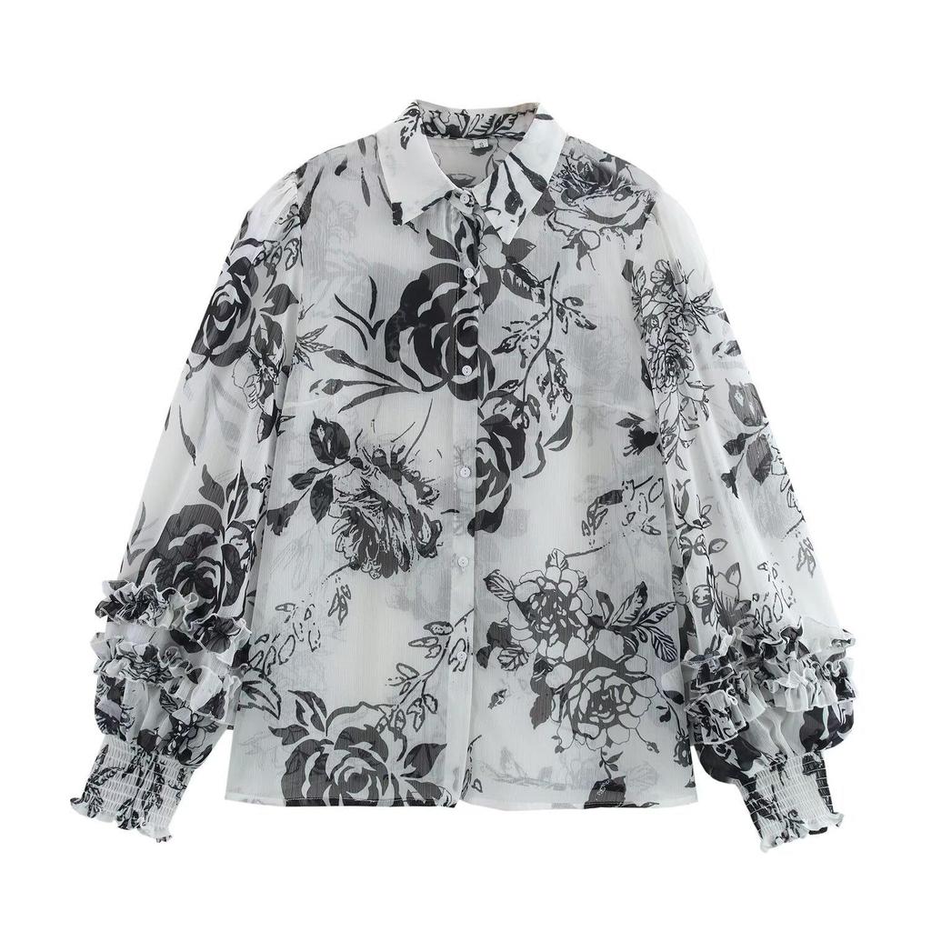 2025 Spring Women's European & American Style Ruffle Trim Printed Chiffon Long Sleeve Shirt
