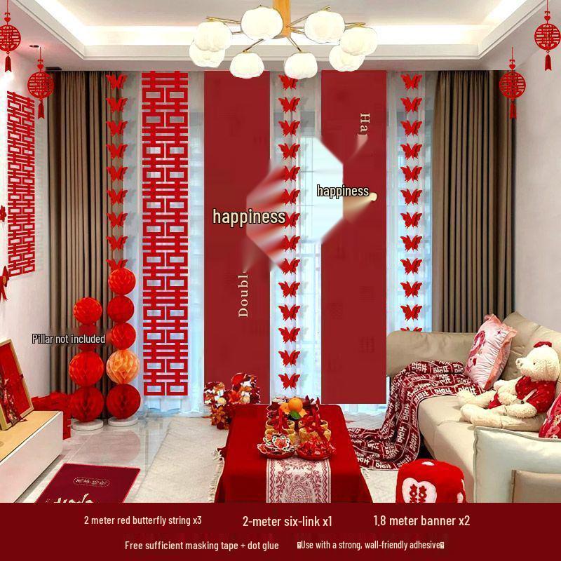 Wedding Room Decoration Set: Curtains, Banners & Double Happiness Hanging Cloth for Bedroom
