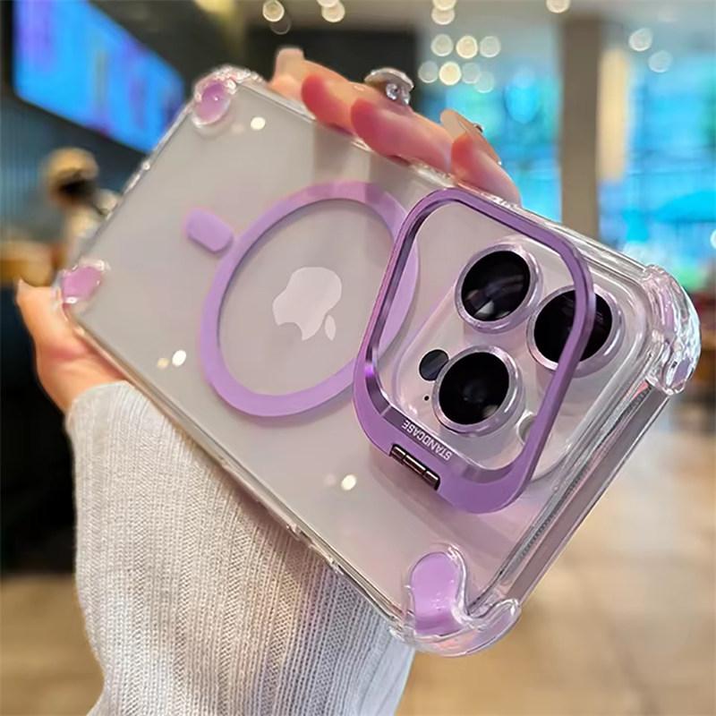 

Роскошные магнитные противоударные чехлы для телефона для iPhone17 16 15 14 13 12 Pro Max Plus 11 для Magsafe с защитой линз из стекла, чехол-подставка iPhone 16 Pro Max фиолетовый