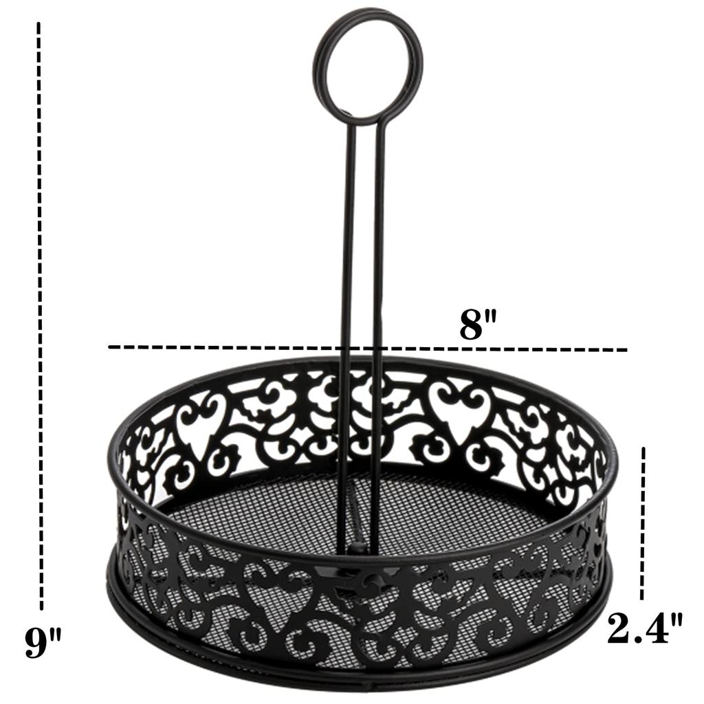 Lyellfe Condiment Caddy, Restaurant Table Caddy with Menu Number Card Holder, Metal Black Decorative Engraving, Tabletop Condiment Organizer for