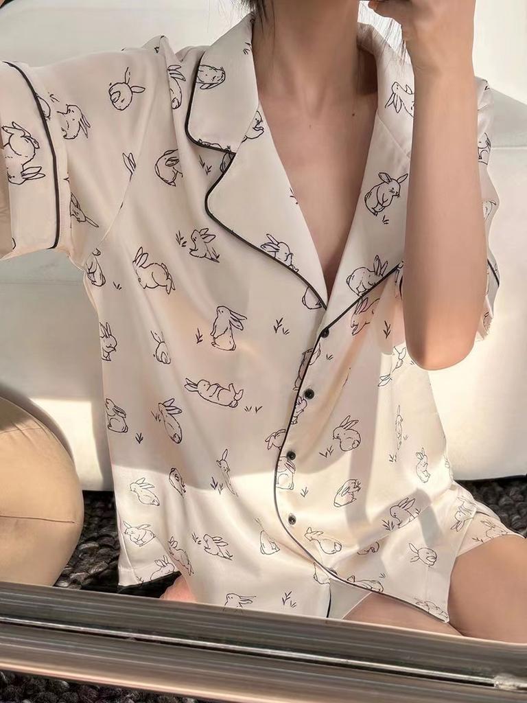 Women's 2 Piece Pajama Set Summer Green Sandpainting Print Faux Silk Two-Piece Set Home Clothes Soft Casual Pajamas Shorts